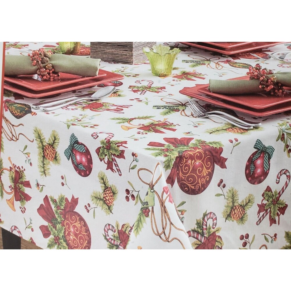 1 Fabric Tablecloth, 60"x84" Oblong, CHRISTMAS TREE ORNAMENTS, DECK THE HALLS,BM